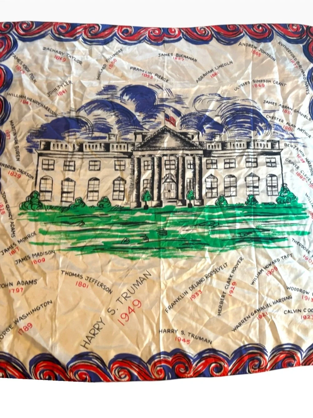 Vintage 1949 Pure Silk Scarf White House US Presidents Americana Novelty 29x29